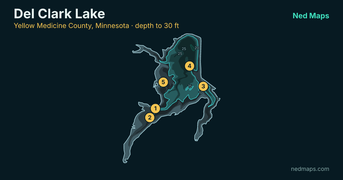 Depth contour map of Del Clark Lake, Yellow Medicine County
