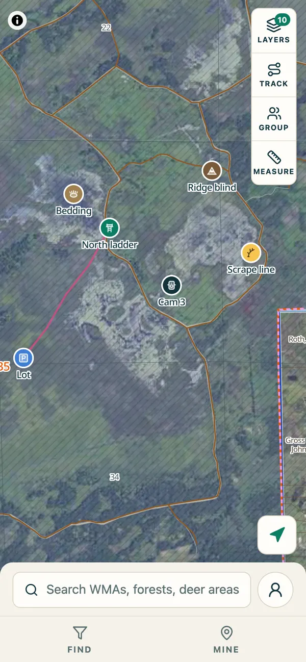 The imported spots on Hunt's map with their icons: North ladder stand, Ridge blind, Cam 3 trail camera, Lot parking, Bedding and Scrape line