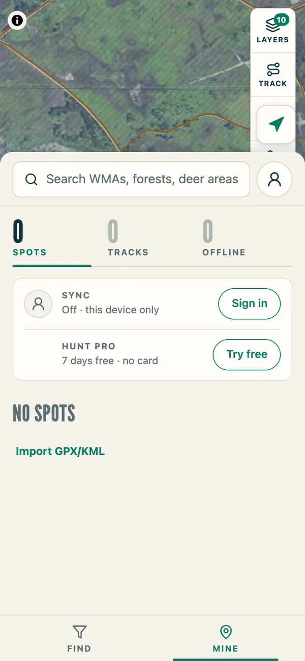 Hunt's MINE tab with no spots yet and an Import GPX/KML link